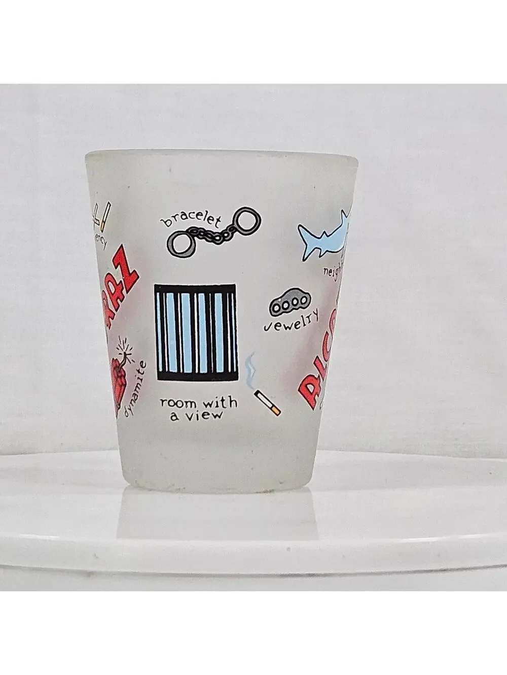 Vintage Alcatraz Frosted Shot Glass Prison Humor Novelty San Francisco Souvenir